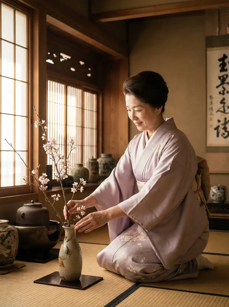 一位优雅的 穿越之取液系统 在和室中插花